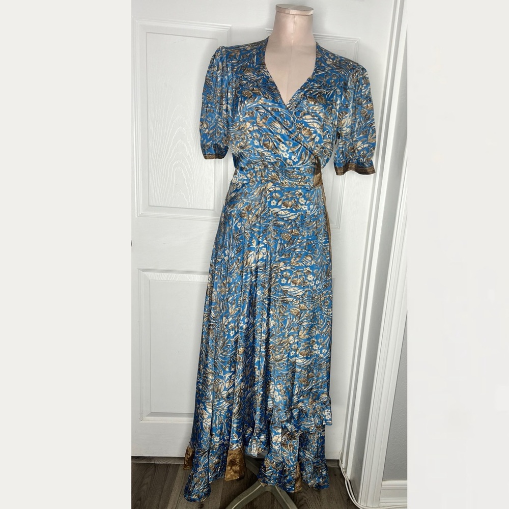 Karma Highway Floral Blue 100% Viscose Wrap Maxi Dress Sz OS